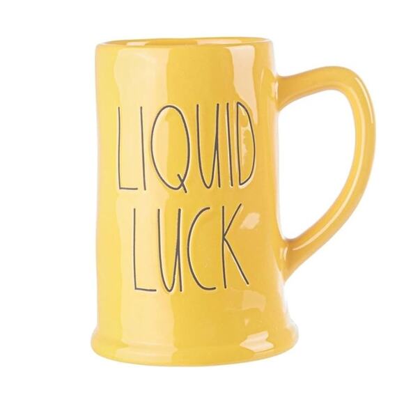 RAE DUNN CERAMIC MUG "LIQUID LUCK" TALL YELLOW GLAZED AT PATRICK'S DAY THEME - Picture 2 of 3